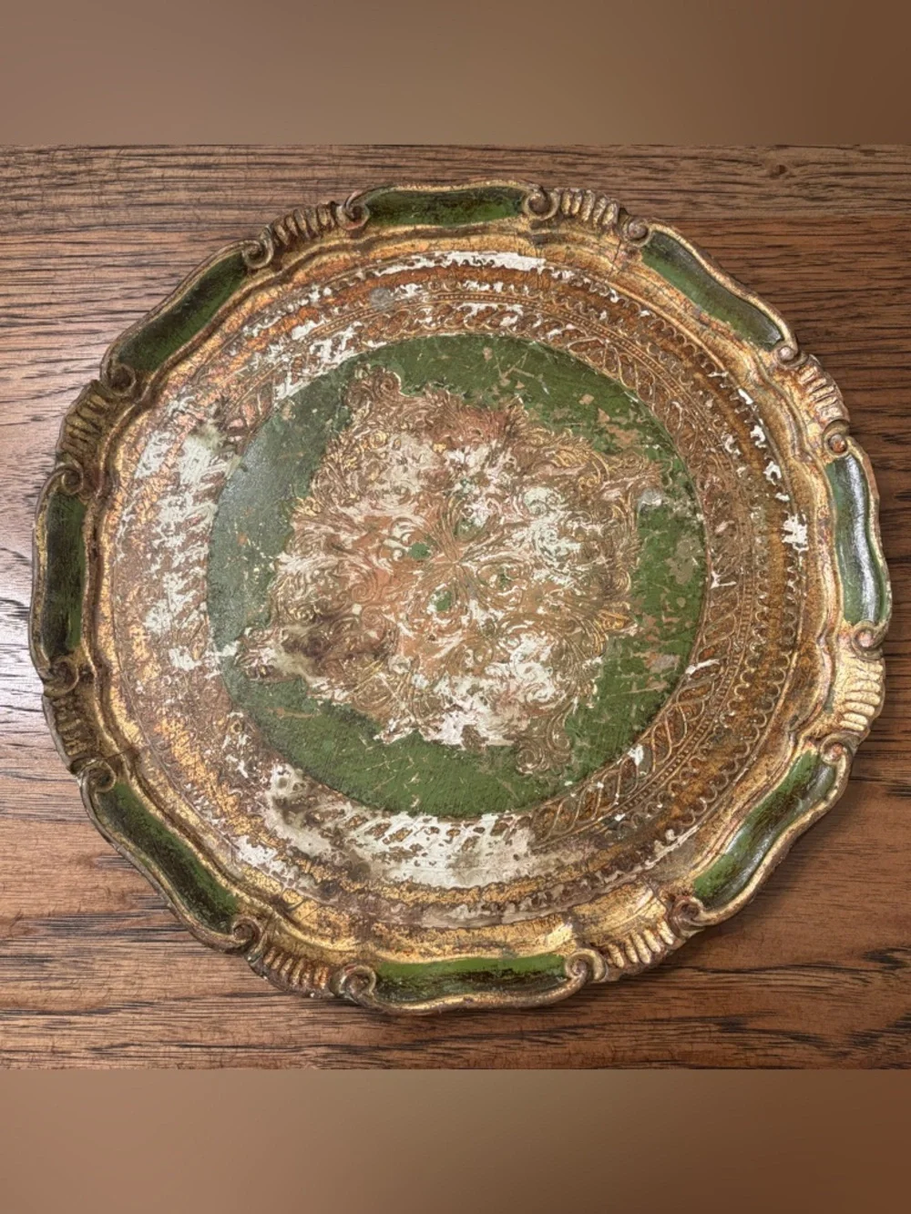 Vintage Italian Florentine Gilt Tray Green Gold Ornate Rococo Tole Style 13”